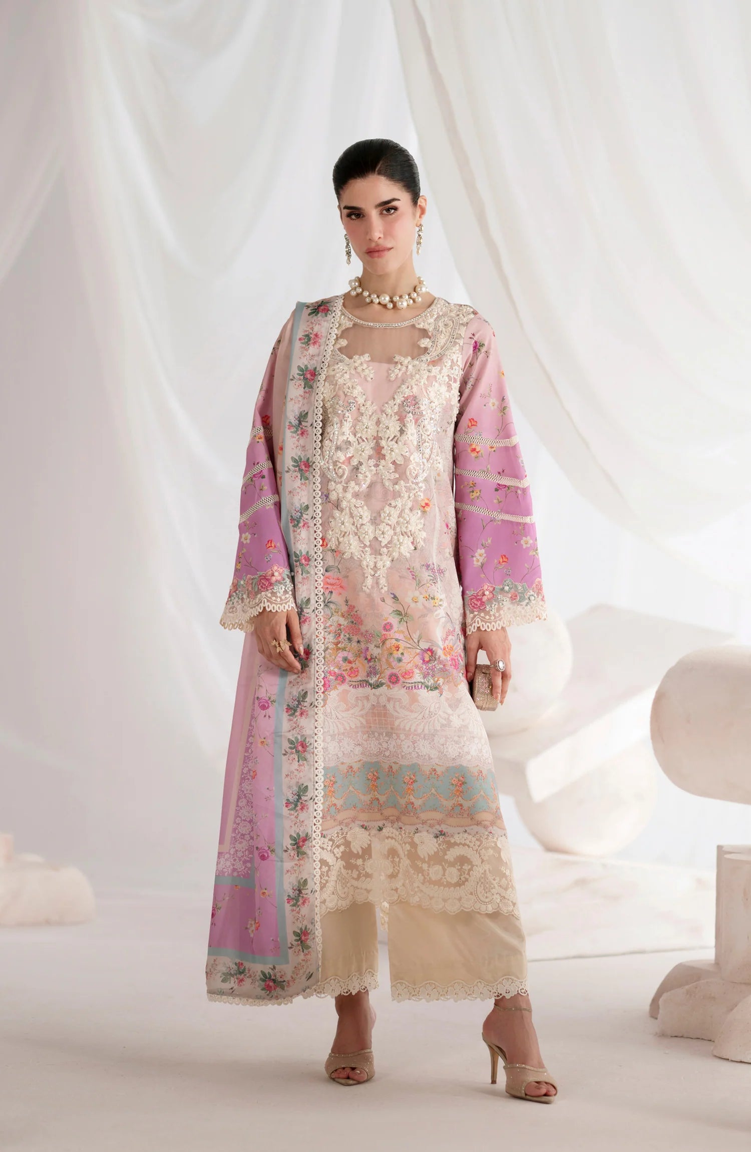 AJR Garden Whisper Embroidered Silk Unstitched 3 Piece Suit - 08 CEYLA - Pink - Luxury Collection