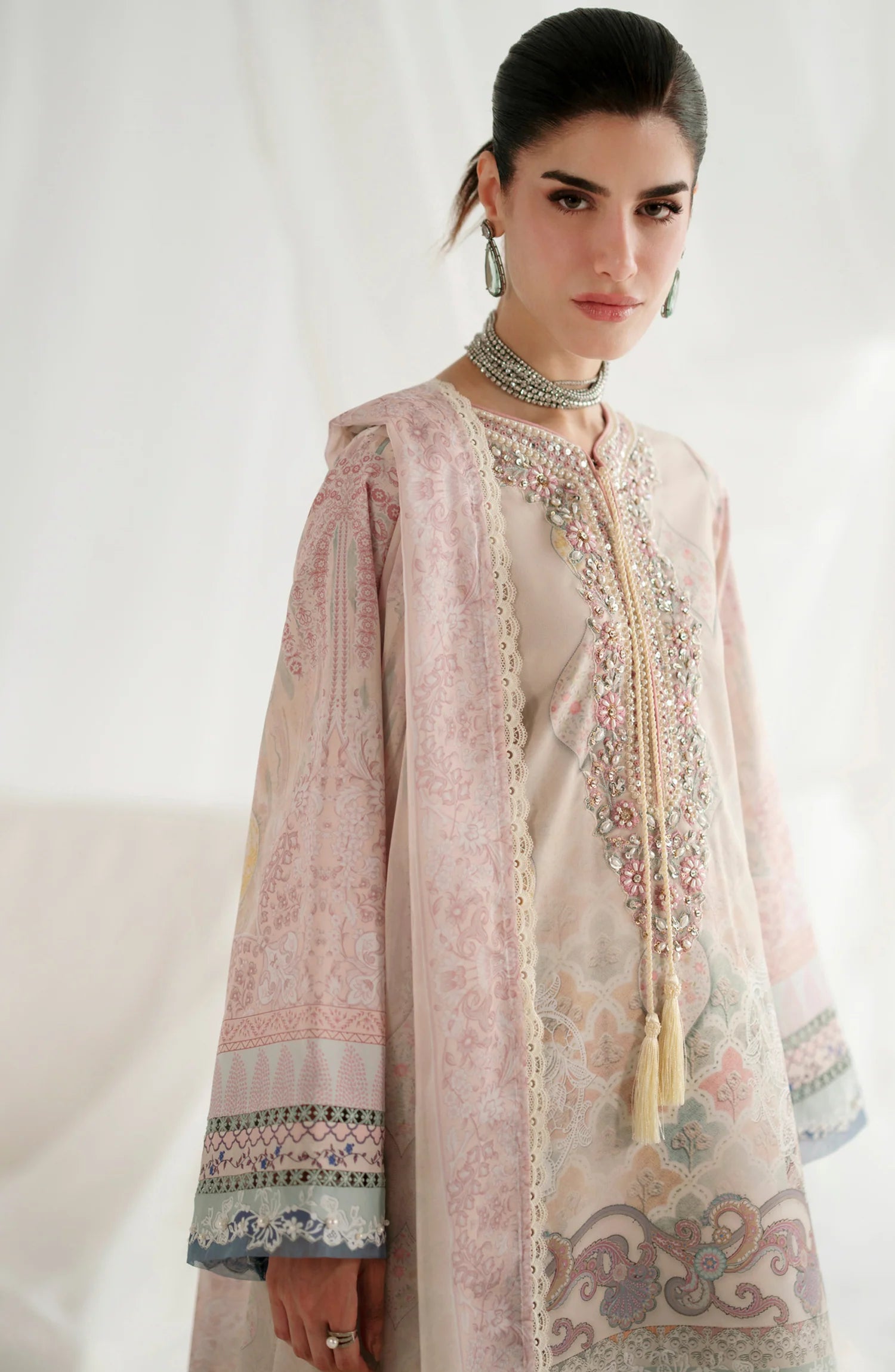 AJR Garden Whisper Embroidered Silk Unstitched 3 Piece Suit - 06 LUMIERE- Beige - Luxury Collection