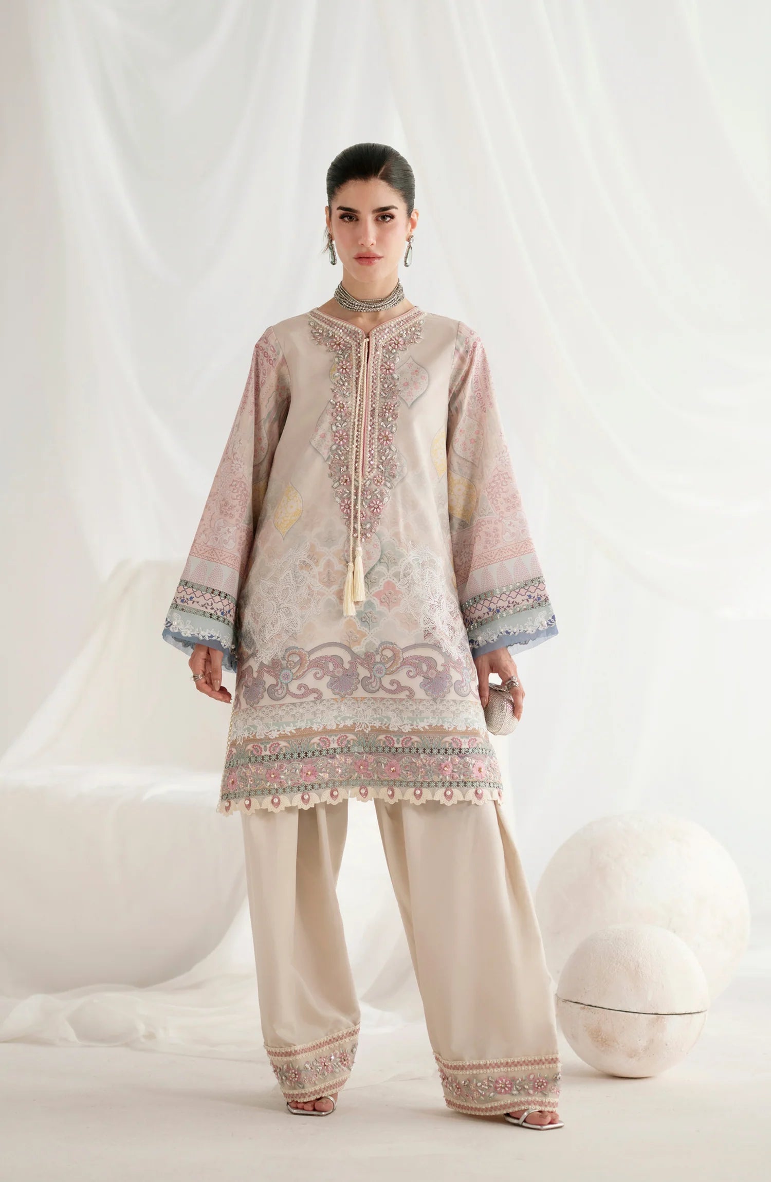 AJR Garden Whisper Embroidered Silk Unstitched 3 Piece Suit - 06 LUMIERE- Beige - Luxury Collection