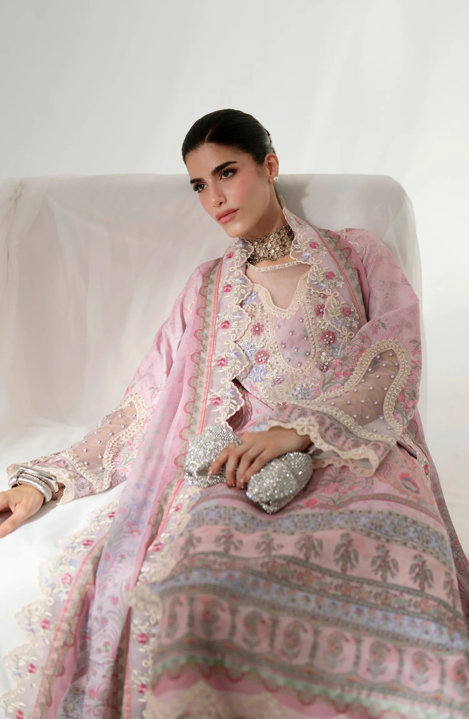 AJR Garden Whisper Embroidered Silk Unstitched 3 Piece Suit - 05 SERENYA - Pink - Luxury Collection
