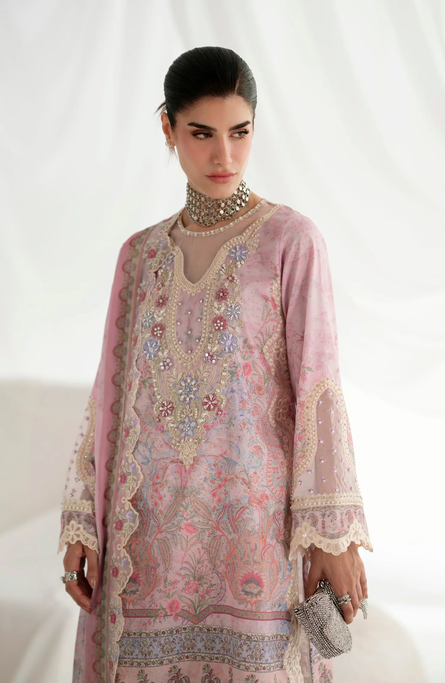 AJR Garden Whisper Embroidered Silk Unstitched 3 Piece Suit - 05 SERENYA - Pink - Luxury Collection