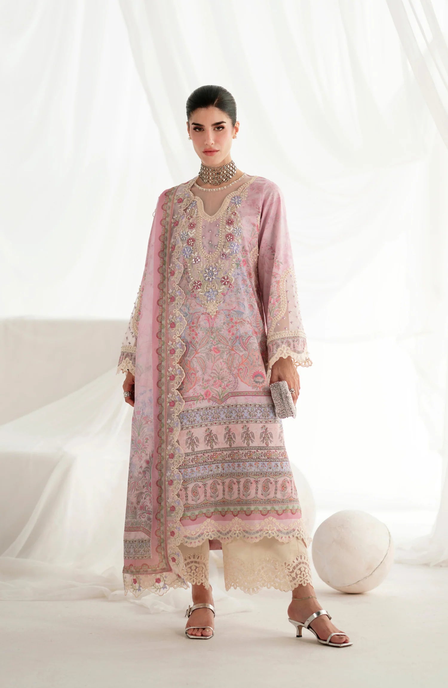 AJR Garden Whisper Embroidered Silk Unstitched 3 Piece Suit - 05 SERENYA - Pink - Luxury Collection