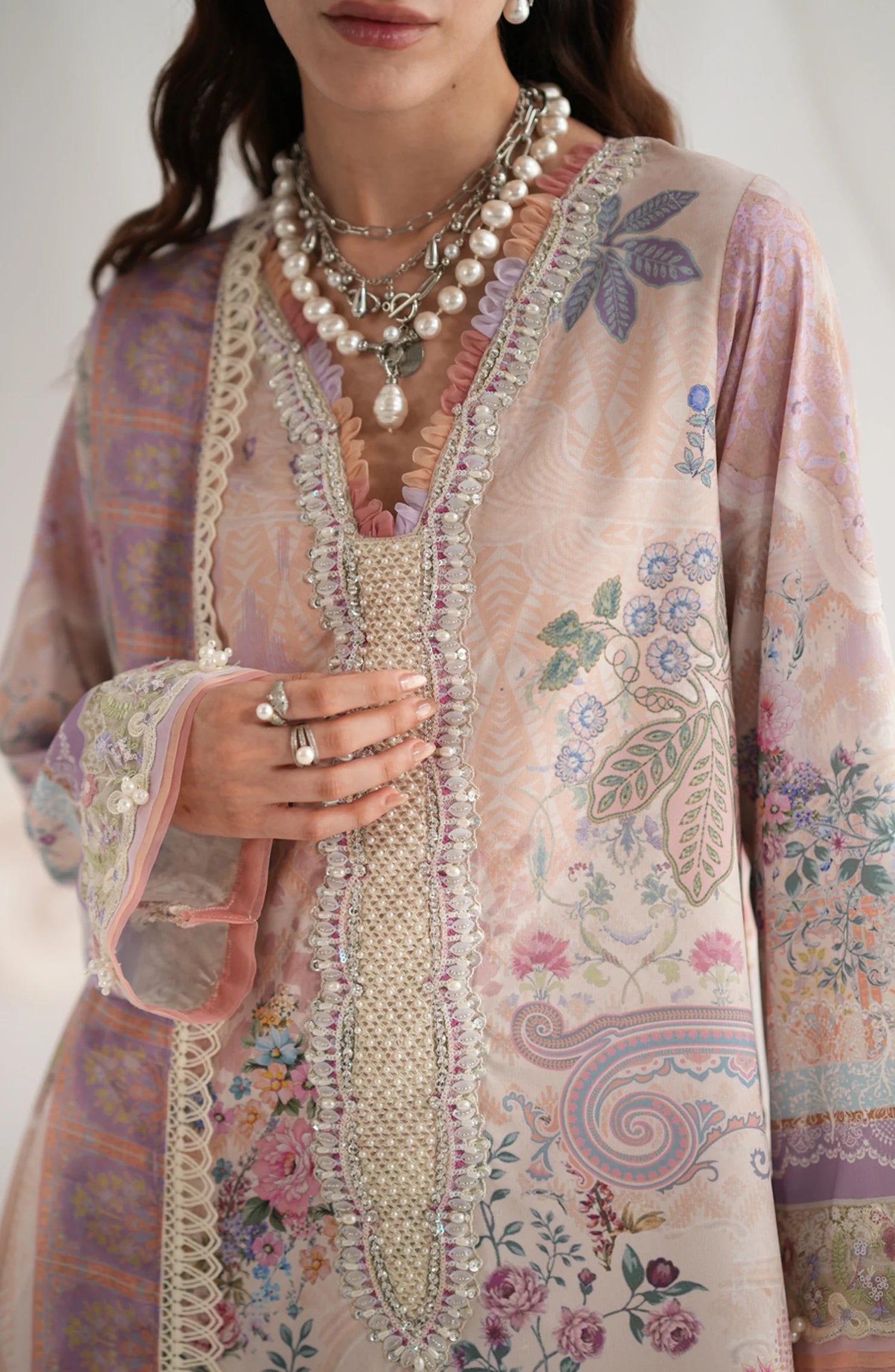 AJR Garden Whisper Embroidered Silk Unstitched 3 Piece Suit - 02 ROSIRA - Peach - Luxury Collection