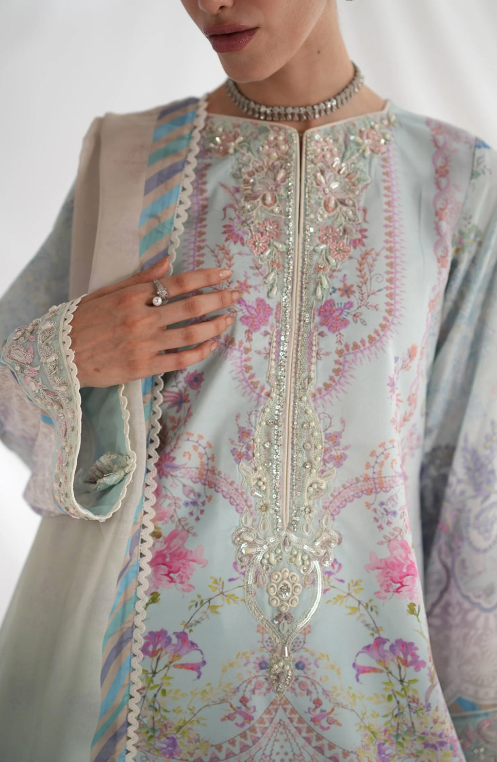 AJR Garden Whisper Embroidered Silk Unstitched 3 Piece Suit - 04 AURINA - Sky Blue - Luxury Collection