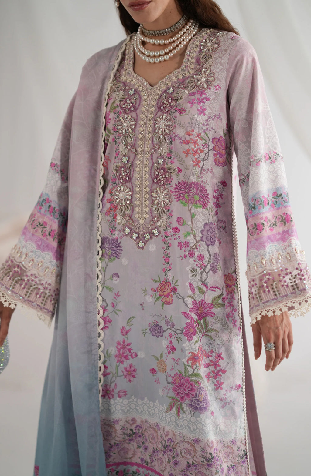 AJR Garden Whisper Embroidered Silk Unstitched 3 Piece Suit - 01 FLORIS - Pink - Luxury Collection