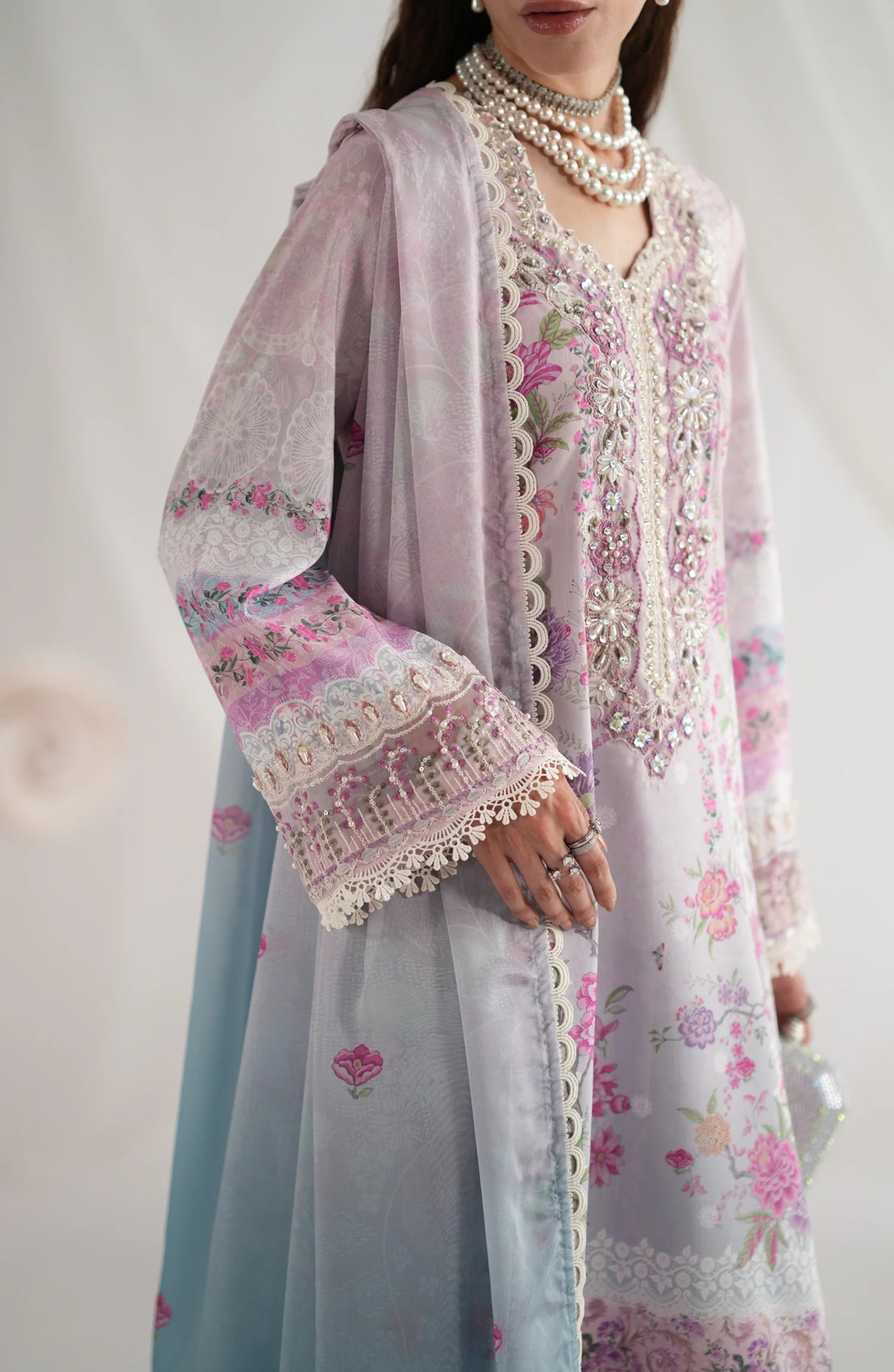 AJR Garden Whisper Embroidered Silk Unstitched 3 Piece Suit - 01 FLORIS - Pink - Luxury Collection