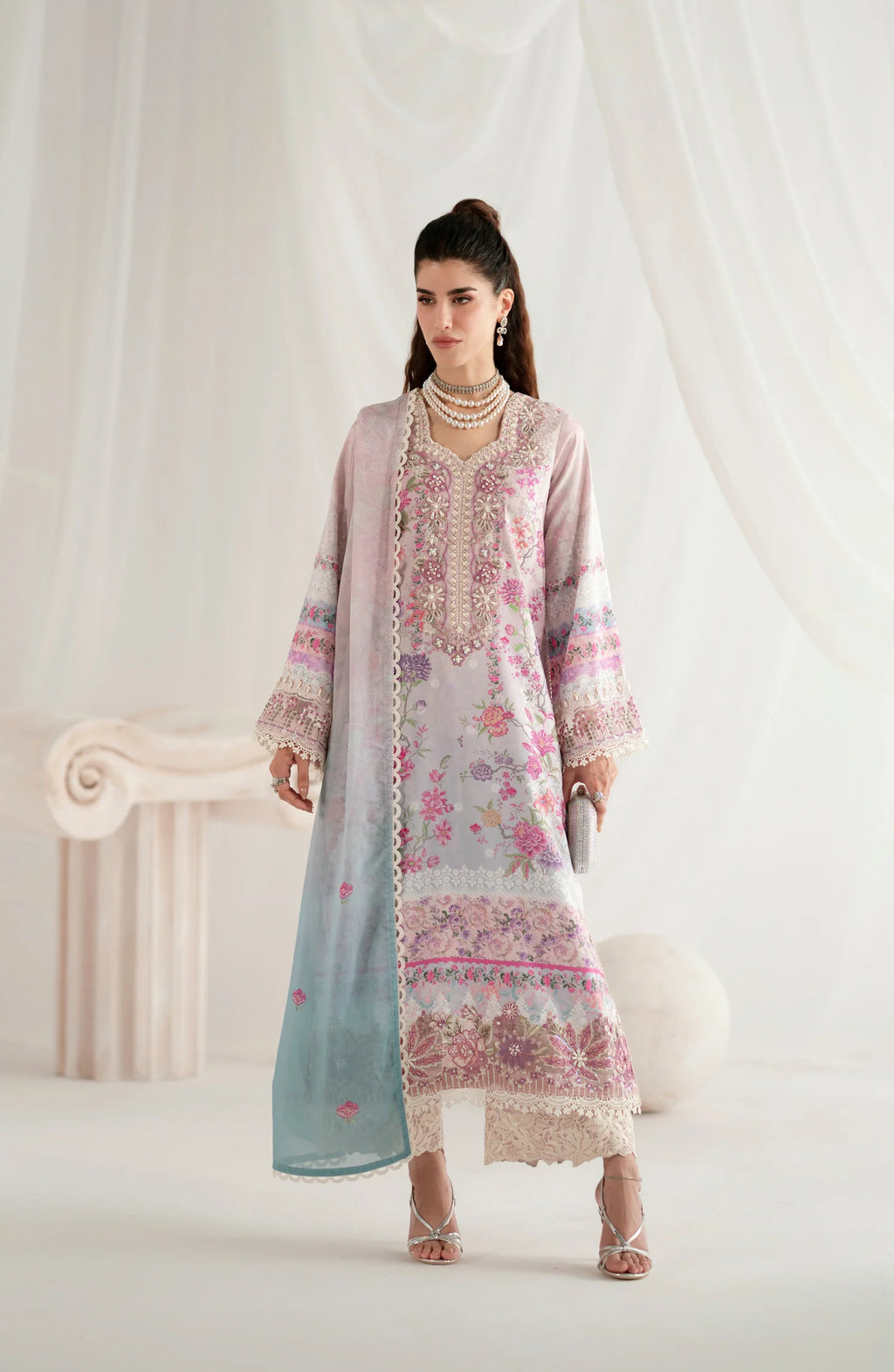 AJR Garden Whisper Embroidered Silk Unstitched 3 Piece Suit - 01 FLORIS - Pink - Luxury Collection