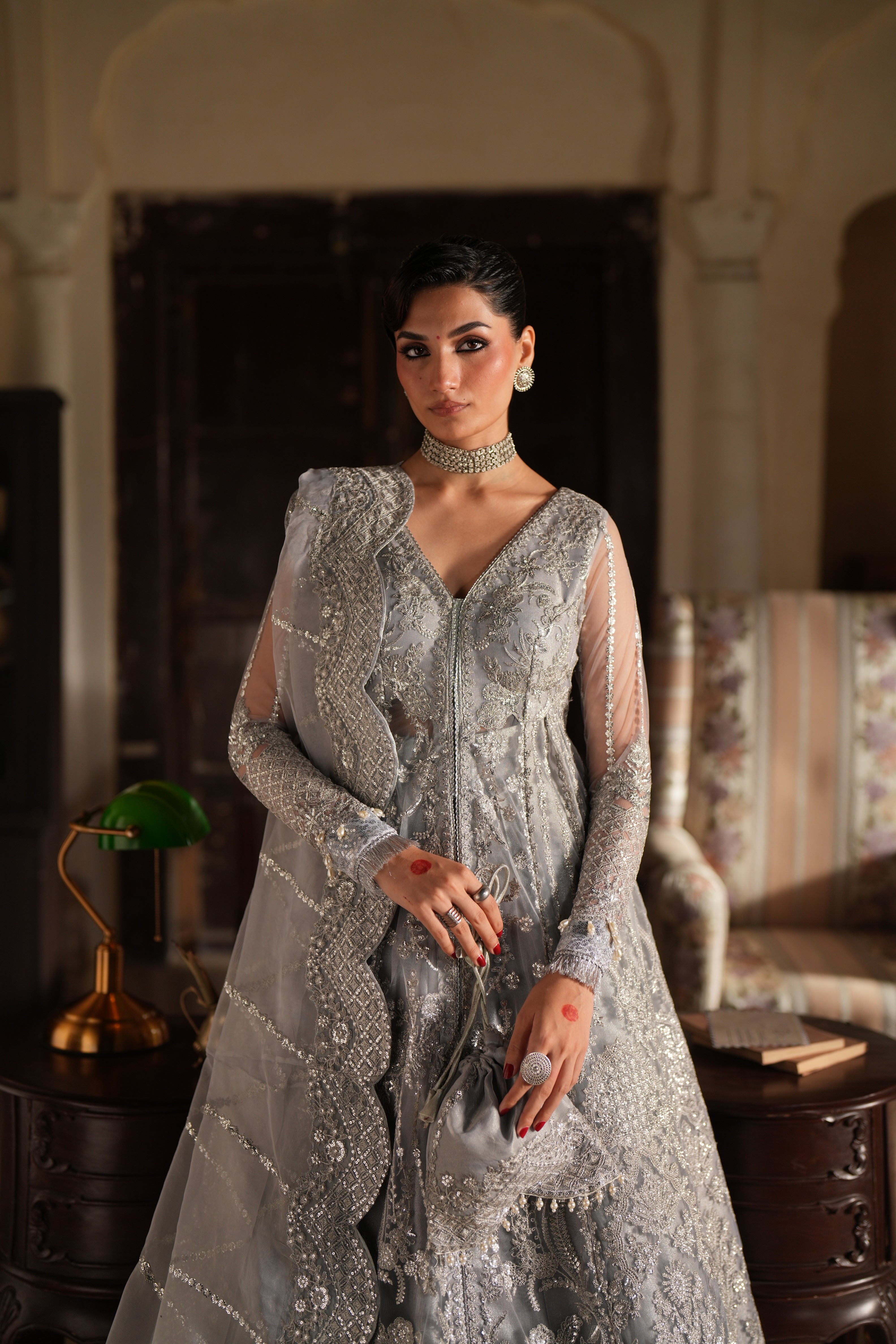 Dastan e Ishq by AJR Luxury Embroidered Net Unstitched 3 Piece Suit - 08 MEHAR - AJR25DST - Silver - Festive Formals Collection
