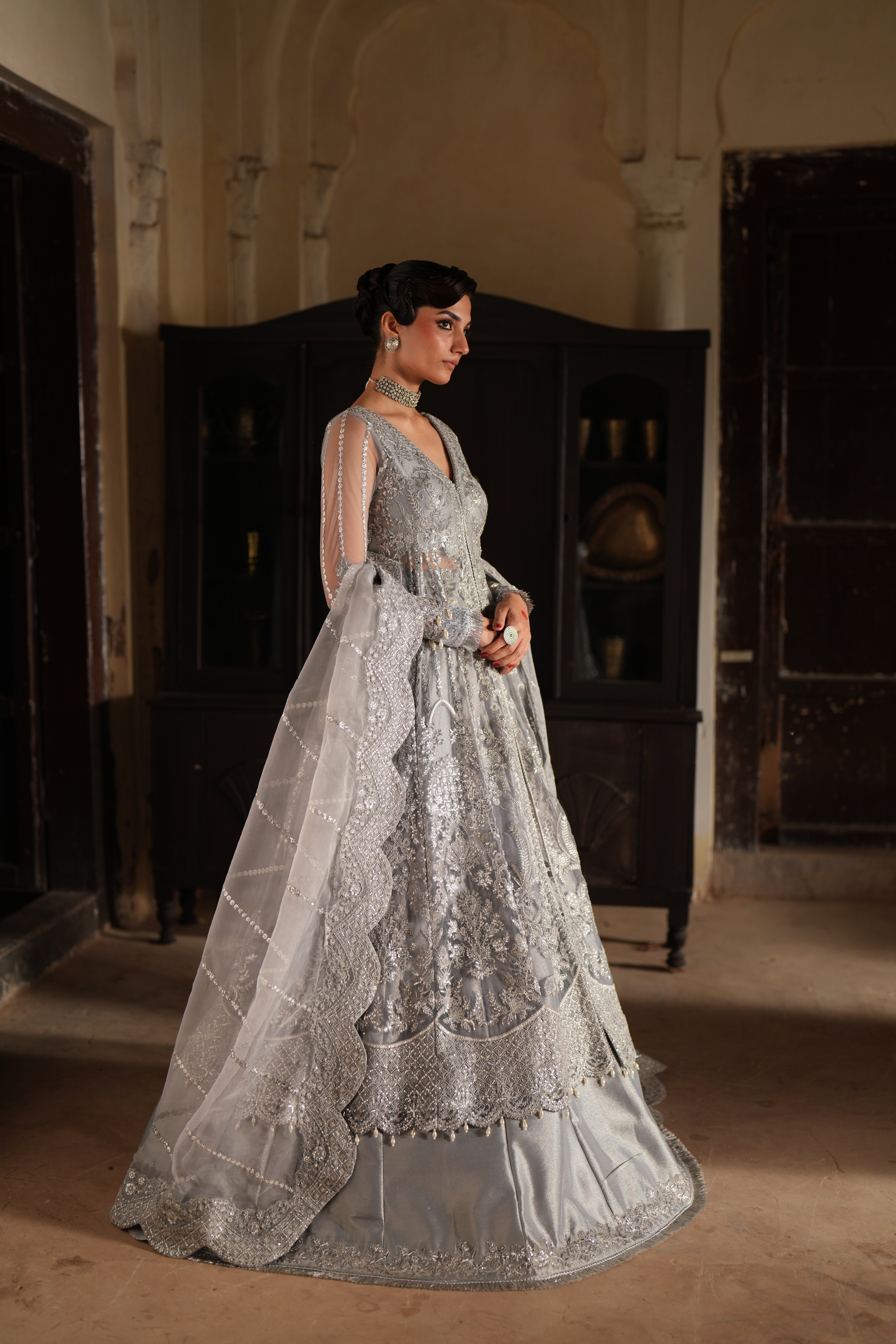 Dastan e Ishq by AJR Luxury Embroidered Net Unstitched 3 Piece Suit - 08 MEHAR - AJR25DST - Silver - Festive Formals Collection